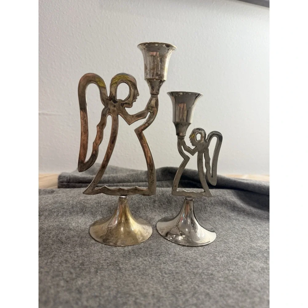 Set 2 VTG International Silver Co India Handmade Angel Candle Holders Cottagecor